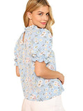 Romwe Women's Floral Print Ruffle Puff Short Sleeve Casual Blouse Tops Blue Small