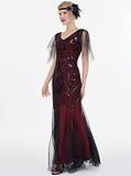 FAIRY COUPLE Women's Gatsby Plus Size 1920s Maxi Long Sequined V-Neck Formal Evening Prom Dress 2XL Burgundy Black