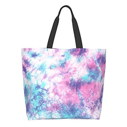 Famame Pastel Blue Pink Tie Dye Canvas Tote Bag Large Women Casual Shoulder Bag Handbag Reusable Multipurpose Shopping Grocery Bag For Outdoors