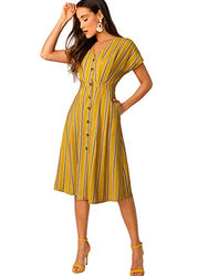 Romwe Women's Elegant Striped A-line Shirt Dress with Pockets Ginger M