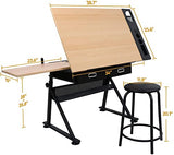 JupiterForce Adjustable Height Drafting Desk Drawing Table Artist Table Work Station w/ 2 Storage Drawers and Stool for Reading, Writing, Crafting, Painting and Working, Natural