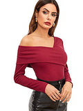 Romwe Women's Slim Cross Wrap Asymmetrical Neck Solid Ribbed Knit Tee Shirt Blouse Red Medium