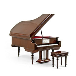 Piano Music Box with Jewelry Compartment - Sophisticated 18 Note Miniature Musical Hi-Gloss Brown Grand Piano with Bench