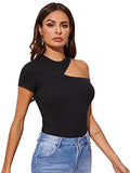 Romwe Women's Sexy Asymmetric Cutout Neck Ribbed Casual T-Shirt Tops Blouse Black#1 X-Large