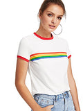 Romwe Women's Slim Fit Short Sleeve Rainbow Striped Colorblock Print Ringer Tee White L