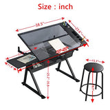 Gynsseh Glass Drawing Table Drafting Tables with Stool, Height Adjustable Art Table for Artists Adults, Tiltable Tabletop Art Desk Painting Table for Reading Writing Drawing (Black)