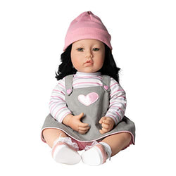 Adora Realistic Baby Doll Girl Power in Knit-Sleeved Shirt and Gray Over-All Dress with Pink Heart Embroidery