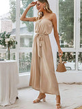 Miessial Women's Strapless Wide Leg Jumpsuits Solid Color Belted Casual Long Jumpsuits Rompers Beige 4-6