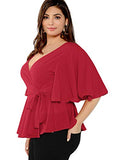 Romwe Women's Plus Size Short Sleeve Deep V Neck Self Belted Casual Peplum Wrap Blouse Red 2X Plus