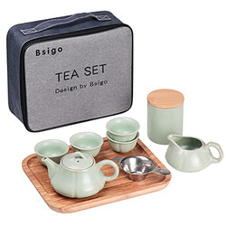 Bsigo Portable Porcelain Teapot-Chinese Tea Set With 1 Tea Pot,4 Teacups,1 Loose Leaf Tea Caniste,1 Stainless Steel Infuser and 1 Tea Tray,All in One Gift Bag for Office Outdoor Picnic Business Hotel