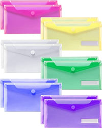 Sooez Small Plastic Envelopes, 12 Pack Plastic Pouch with Label Pocket, Plastic Pencil Pouch, Reusable Envelopes,Pencil Case Bulk, Plastic Money Envelopes, 9.4 x 4.7 Inches