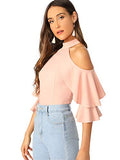 Romwe Women's Cute Cold Shoulder Ruffle Half Sleeve Slim Fit Blouse Tops Pink X-Small