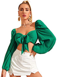 Romwe Women's Sweetheart Neck Tie Knot Front Long Sleeve Crop Tops Blouse Green Large