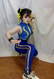 DAZCOS Women's US Size Chun Li Cosplay Costume Bodysuit with Bracelet and Hair Ties (X-Large, Blue)