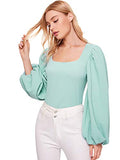 Romwe Women's Long Puff Sleeve Square Neck Slim Fit Crop Tops Blouse Sweatshirt New Green Medium