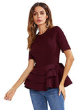 Romwe Women's Vintage Layered Ruffle Hem Slim Fit Round Neck Peplum Blouse Burgundy M