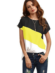 ROMWE Women's color block blouse short sleeve Casual Tee Shirts Tunic Tops, Black/Yellow/White, Large