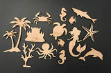 14-Pack Sea Life Beach Ocean Decor Wall Unfinished Wood Cutout Crafts Shapes Cut Outs Sea Turtle, Mermaid, Palm Tree, Dolphin,Seahorse,Sandcastle,Shark,Crab,Octopus,Coral,Star fish