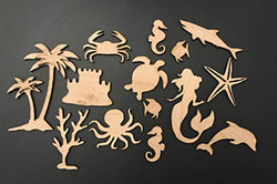14-Pack Sea Life Beach Ocean Decor Wall Unfinished Wood Cutout Crafts Shapes Cut Outs Sea Turtle, Mermaid, Palm Tree, Dolphin,Seahorse,Sandcastle,Shark,Crab,Octopus,Coral,Star fish