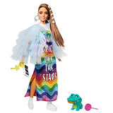 Barbie Extra Doll #9 in Blue Ruffled Jacket with Pet Crocodile, Long Brunette Hair with Bling Hair Clips, Layered Outfit & Accessories, Multiple Flexible Joints, Gift for Kids 3 Years Old & Up