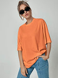 Romwe Women's Short Sleeve Oversized Shirt Round Neck Plain Tee Tops Orange S