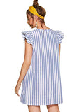 Romwe Women's V Neck Striped Floral Ruffle Embroidery Cotton Summer Boho Dress Top Blue XS