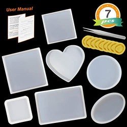 LET'S RESIN Silicone Resin Molds 7pcs Resin Coaster Molds including Round, Square, Rectangle, Ellipse, Heart Coaster Molds, Epoxy Resin Molds for Making Resin Coasters