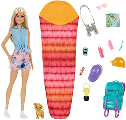 Barbie It Takes Two “Malibu” Camping Doll (11.5 in Blonde) with Pet Puppy, Backpack, Sleeping Bag & 10 Camping Accessories, Gift for 3 to 7 Year Olds