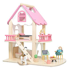 Wooden Dollhouse Portable Doll House 4-5 Year Old with 23-Piece Dollhouse Furniture, Includes 2 Dolls & Accessories, Pretend Play Dream House Playset for Toddlers Age 3+