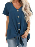 Dokotoo Womens Fashion Casual Summer Button Down Front Tie Short Sleeve V Neck Blouses Tops T Shirts Blue XL