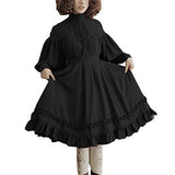 GLOA Lolita Dress for Girls, Women Solid Color O Neck Long Puff Sleeve Button Large Swing Midi Lolita Dress Black L