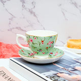LanHong 6 Ounces Tea Cup and Saucer Set Floral Tea Coffee Cup with Saucer Bone China Teacup and Saucer Set Gift for Mom Friend Tea Party (Green-Flower1)