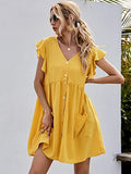Romwe Women's Casual Ruffle Short Sleeve Button Down V Neck Loose Shift Dress with Pocket Yellow XL
