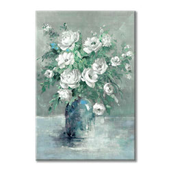 UTOP-art White Rose Wall Art Painting: Flower with Green Leaves Canvas Picture Hand-Painted Artwork for Office (36'' x 24'' x 1 Panel)