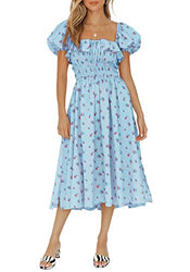 R.Vivimos Womens Summer Floral Print Puff Sleeves Vintage Ruffles Midi Dress (X-Small, Blue)