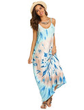 OURS Women's Summer Casual Floral Printed Bohemian Spaghetti Strap Floral Long Maxi Dress with Pockets (M, A-Blue)