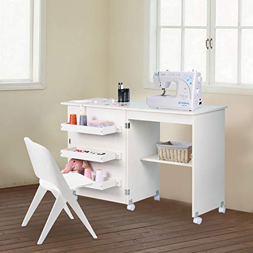 Folding Sewing Craft CartSewing Cabinet Miscellaneous Sewing Kit Art Desk  with Storage Shelves and Lockable Casters Sewing Table