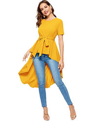 Romwe Women's Irregular Hem Short Sleeve Belted Flare Peplum Ruffle Blouse Shirts Top Yellow M