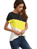 ROMWE Women's color block blouse short sleeve Casual Tee Shirts Tunic Tops, Black/Yellow/White, Large