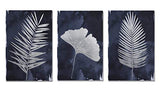 Framed Large Canvas Navy Blue Wall Art for Home, 3 Silver Panels Hand Painted Pictures, Modern Palm Ginkgo Leaves Wall Decor for Living Room Bedroom Bathroom Stretched Ready to Hang 48x24Inch