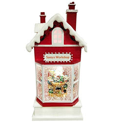 Lightahead Santa's Workshop Musical Lighted Toy House,10 Inch Christmas Santa House with Swirling Glitter and 8 Melody's Playing A