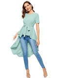 Romwe Women's Irregular Hem Short Sleeve Belted Flare Peplum Ruffle Blouse Shirts Top Green L