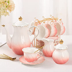 DUJUST 22 pcs Porcelain Tea Set for 6, Elegant British Style Tea/Coffee Cup Set with Golden Trim, Beautiful Tea Set for Women, Tea Party Set, Gift Package (With a Stand) - Gradient Pink