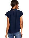 Romwe Women's Elegant Short Sleeve Mock Neck Workwear Blouse Top Shirts Navy L