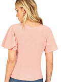 Romwe Women's Summer Ruffle Short Sleeve Slim Fit Casual Blouse Shirts Top Pink L