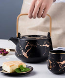 Jusalpha Marble Porcelain Teapot Set, Modern Japanese Tea Pot with Infuser for Loose Tea (40 OZ), 4-Piece Tea Cups (6.7 OZ) with Bamboo Tray - Tea Cups Set for Home and Restaurant, FDJPT4 (Black)