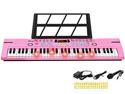 24HOCL 61 Keys Keyboard Piano Lighted Keys, Kids Piano Keyboard with UL Adapter, Stand, Built-In Speaker, Mic, Portable Electronic Keyboard for Boys, Girls, Beginners Birthday Holidays Best Gifts