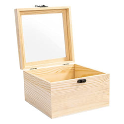 Useekoo Unfinished Wooden Stash Display Box with Glass Top Hinged Lid, 7.9'' x 7.9'' x 4.7'' Small Wood Keepsake Storage Box, DIY Craft Box for Collectibles Jewelry Gift and Halloween Decorations