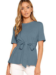 Romwe Women's Casual Self Tie Summer Round Neck Short Sleeve Blouse Tops Blue# X-Small