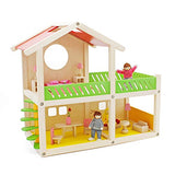 HoneyKidz Wooden Dollhouse with 12-Pc Furniture and 3 Dolls Sturdy 2 Story Doll House Pretend Play Toy with Rooftop Balcony